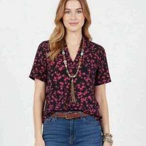 MICHAEL Michael Kors Fuchsia & Black Leaf Print V-Neck Blouse - Stretchy Sz L